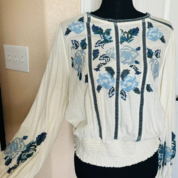 Free People Cream Color with Blue Embroidery Floral - NWOT - Picture 1 of 3
